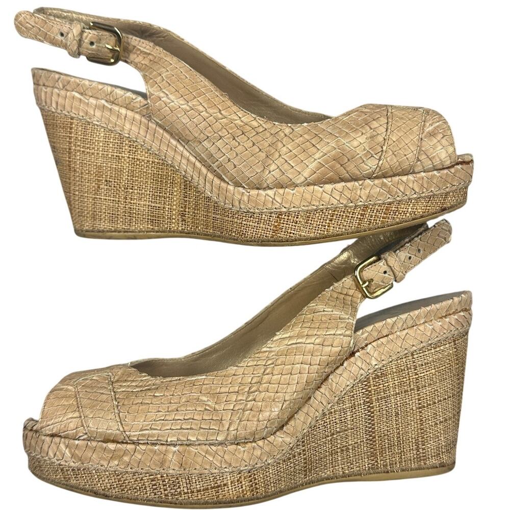 Stuart Weitzman Slingback Wedge Sandals Snakeskin Embossed Leather Raffia